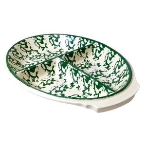 Green & White Country Kitchen 17" Divided Serving Dish, Unbranded, Spongeware??